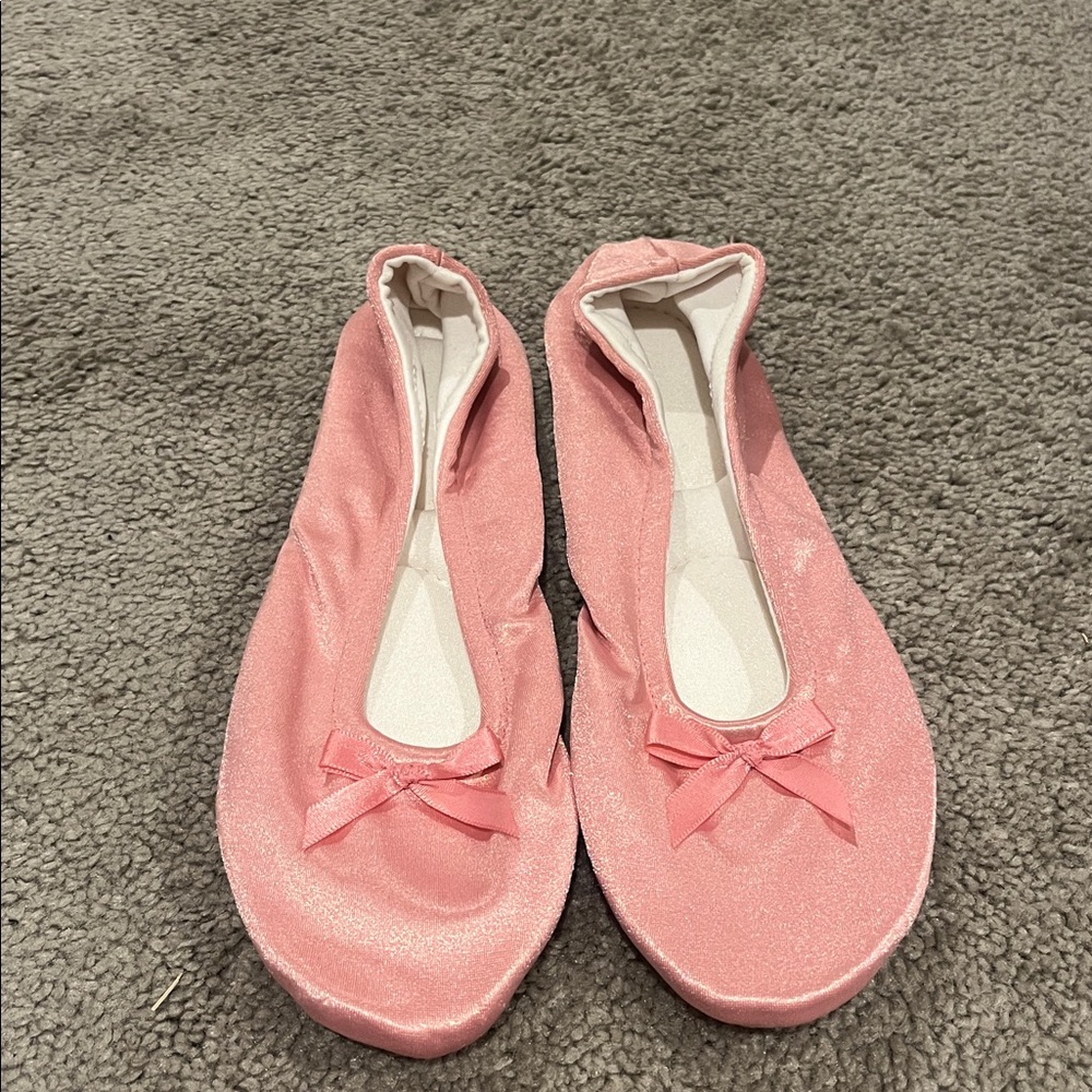 Dearfoams Slippers pink satin ballet slip on house shoe leather sole large 8 - 9